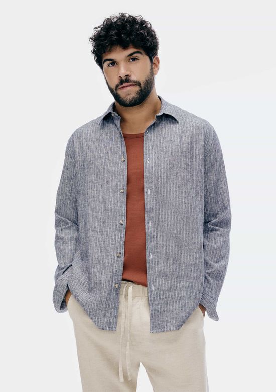 Foto do produto: Camisa Masculina Manga Longa Listrada Em Linho - Cinza