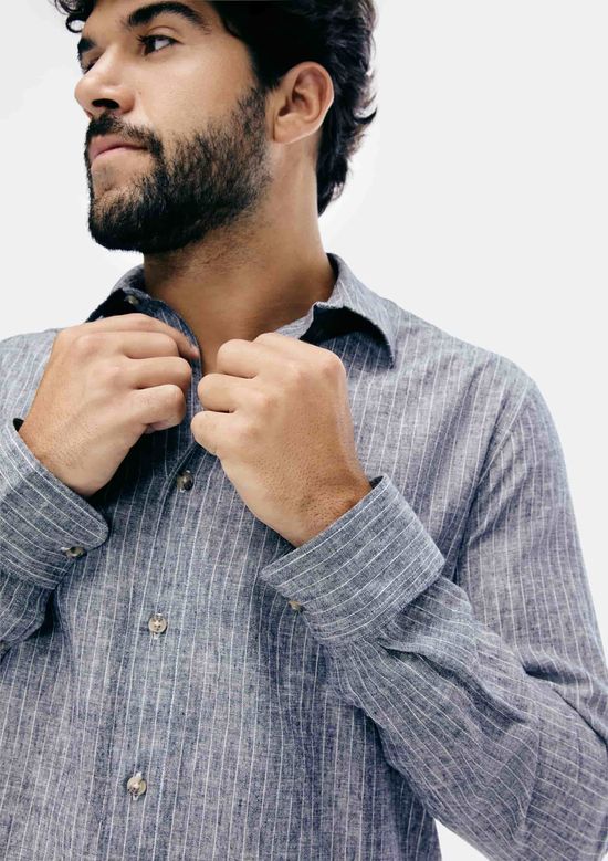 Foto do produto: Camisa Masculina Manga Longa Listrada Em Linho - Cinza