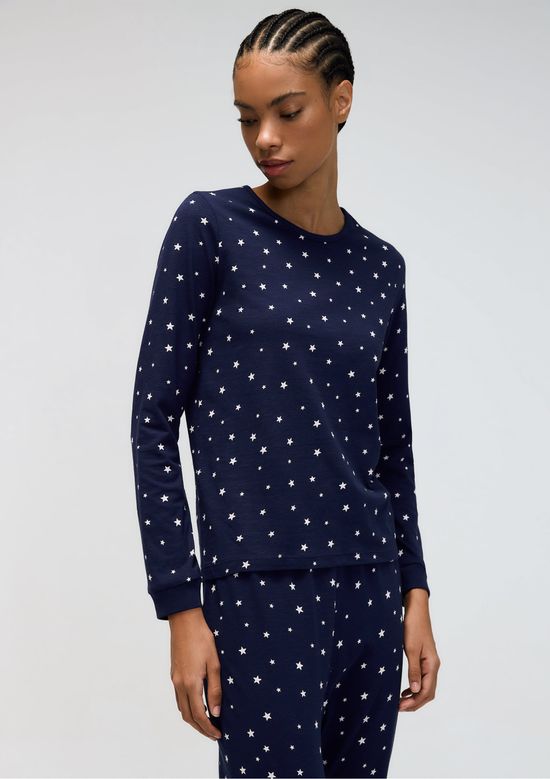Foto do produto: Pijama Longo Feminino Estampado Em Malha Flamê - Azul