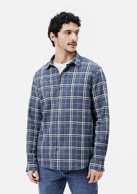 Foto do produto: Camisa Masculina Manga Longa Xadrez Em Linho - Azul