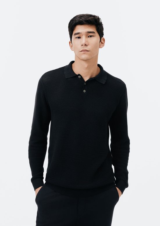 Foto do produto: Suéter Gola Polo Masculino Em Tricô Telado - Preto