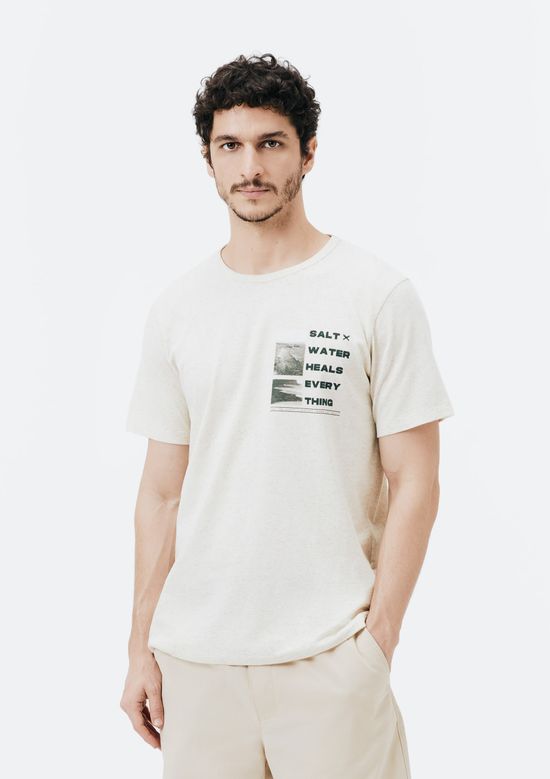 Foto do produto: Camiseta Masculina Manga Curta Em Linho Estampada - Off white