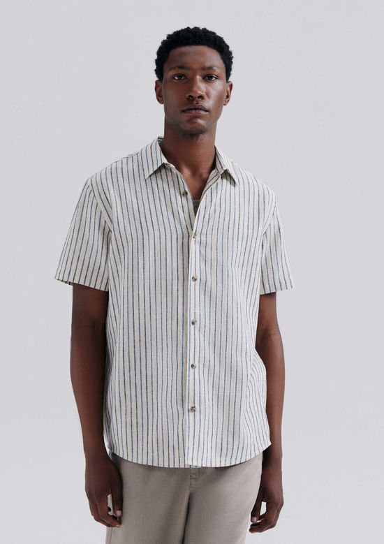 Foto do produto: Camisa Masculina Manga Curta Fio Tinto Listrada Em Linho - Off white