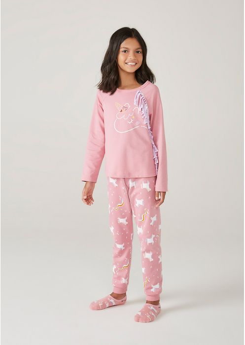 Pijama Longo Infantil Menina Com Estampa Unicórnio - Rosa