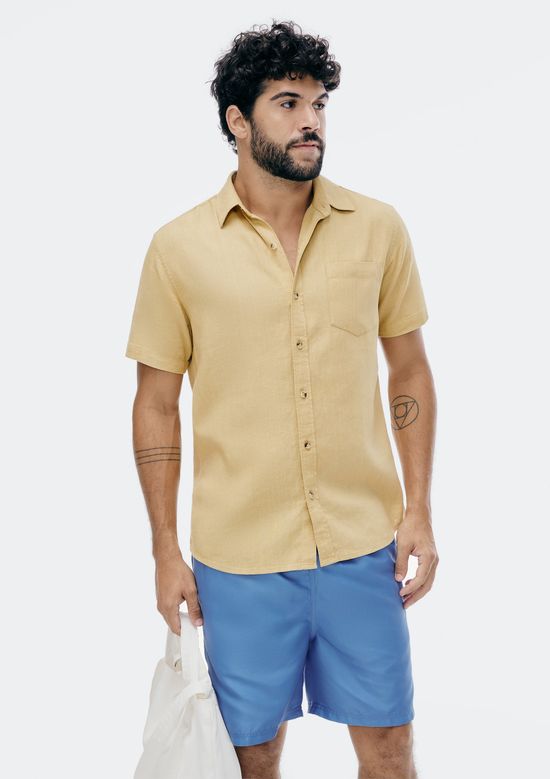 Foto do produto: Camisa Básica Masculina Manga Curta Slim Em Linho - Amarelo