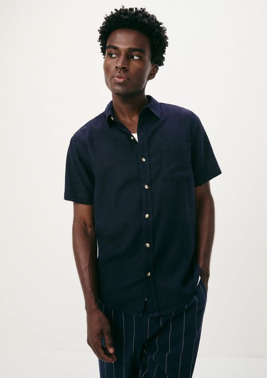 Foto do produto: Camisa Básica Masculina Manga Curta Slim Em Linho - Azul