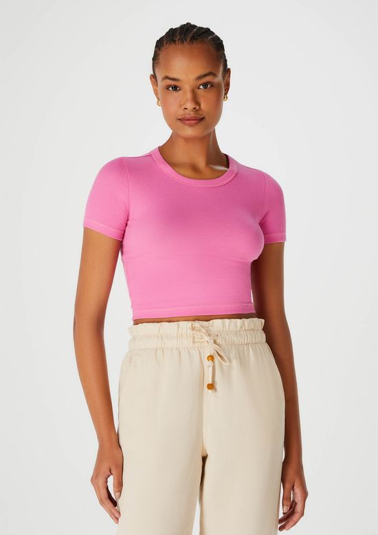 Foto do produto: Blusa Cropped Feminina Manga Curta Em Ribana - Rosa