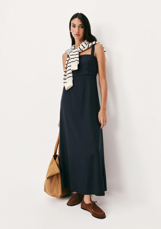Foto do produto: Vestido Midi Evasê Alças Médias Rústico Com Linho - Azul