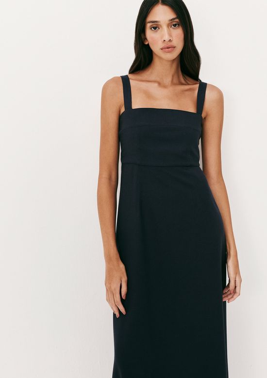 Foto do produto: Vestido Midi Evasê Alças Médias Rústico Com Linho - Azul