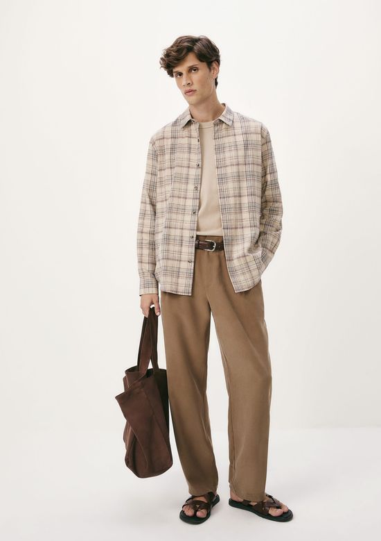 Foto do produto: Camisa Masculina Manga Longa Xadrez Em Linho - Natural