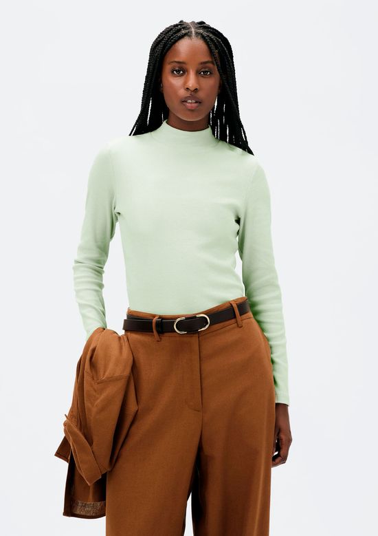 Foto do produto: Blusa Básica Feminina Manga Longa Gola Alta Em Ribana Canelada - Verde