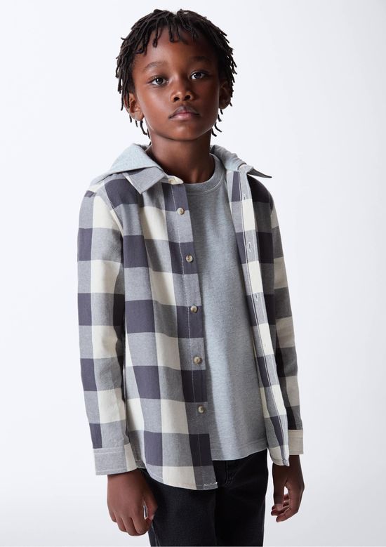 Foto do produto: Camisa Infantil Menino Fio Tinto Xadrez Com Capuz - Cinza