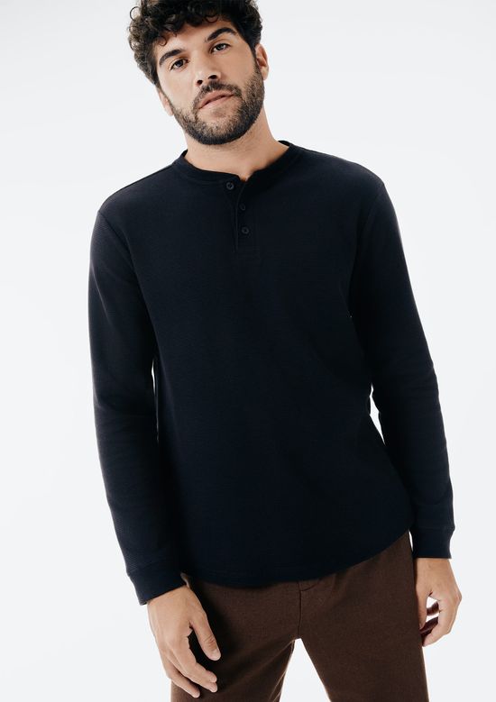 Foto do produto: Camiseta Básica Henley Masculina Manga Longa Texturizada - Preto