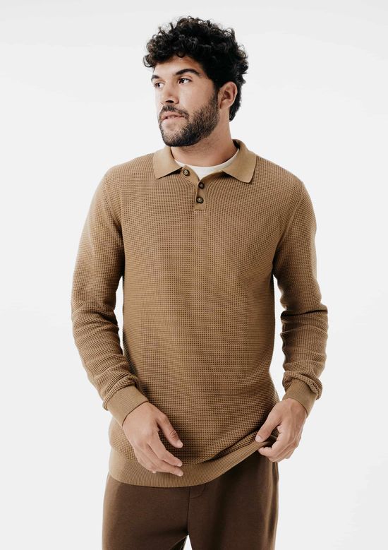 Foto do produto: Suéter Gola Polo Masculino Em Tricô Telado - Marrom