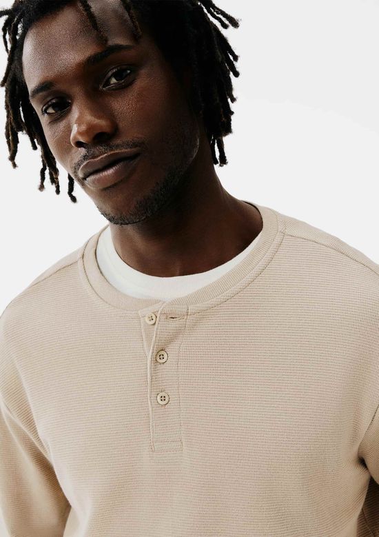 Foto do produto: Camiseta Básica Henley Masculina Manga Longa Texturizada - Bege