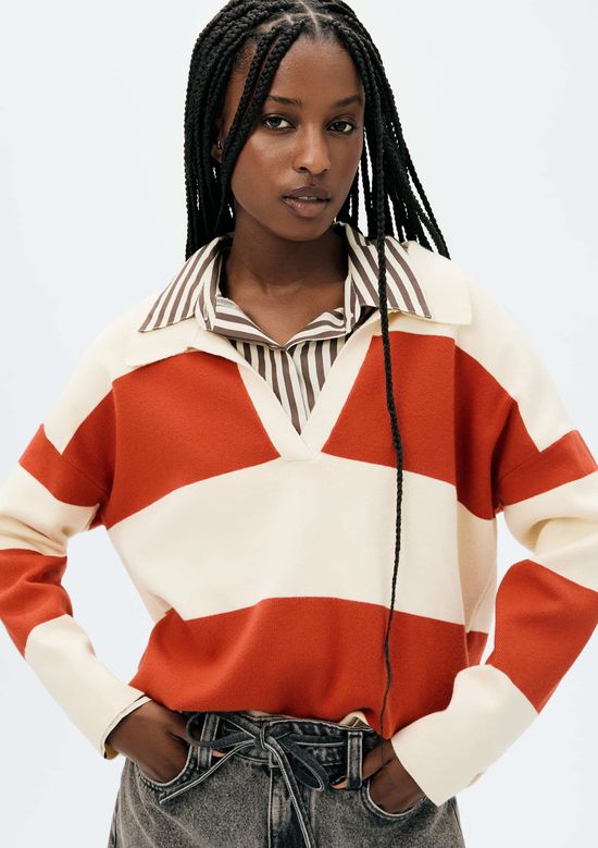 Foto do produto: Blusão Polo Feminino Oversized Listrado - Laranja