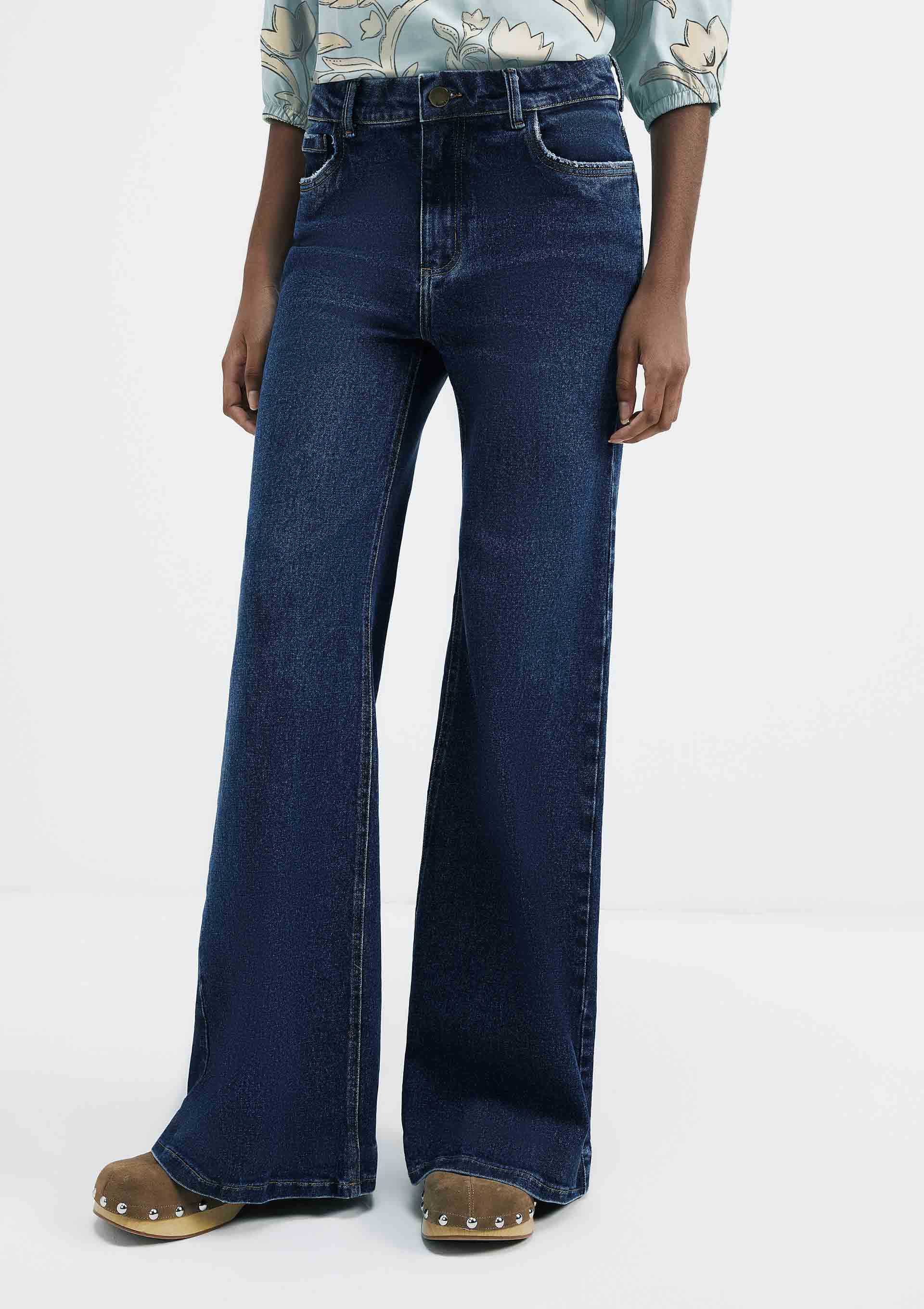 Calça Jeans Feminina Pantalona Cintura Alta Com elastano Azul