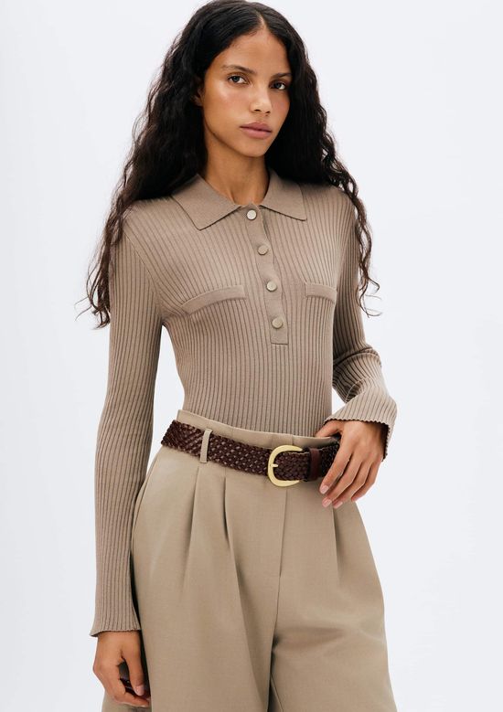 Foto do produto: Blusa Polo Feminina Manga Longa Em Ribana - Bege