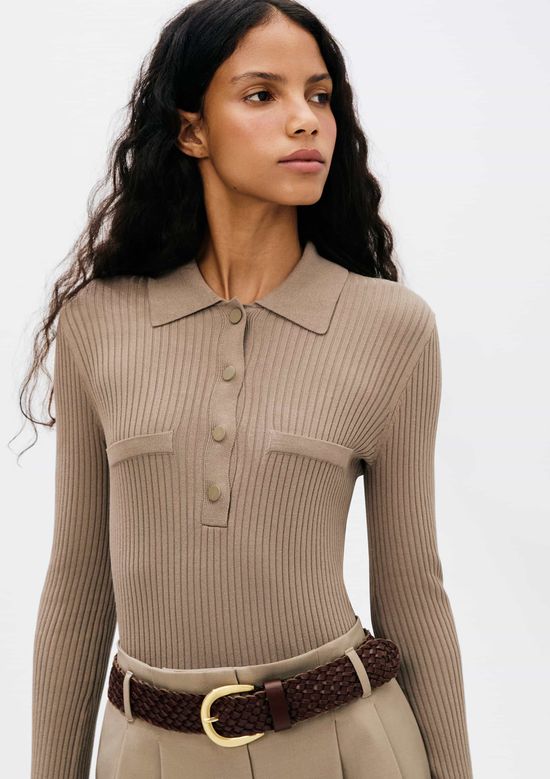 Foto do produto: Blusa Polo Feminina Manga Longa Em Ribana - Bege