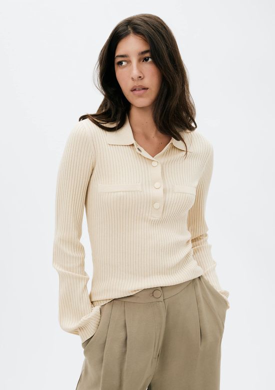 Foto do produto: Blusa Polo Feminina Manga Longa Em Ribana - Creme