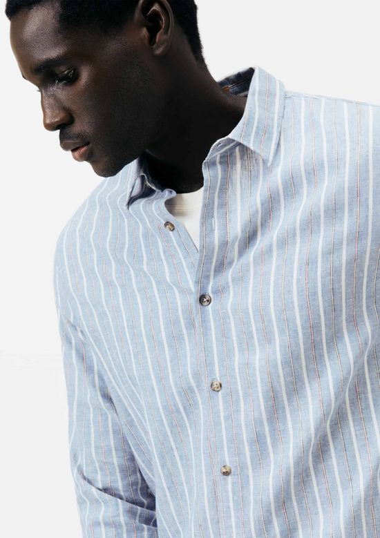 Foto do produto: Camisa Masculina Manga Longa Listrada Em Linho - Azul