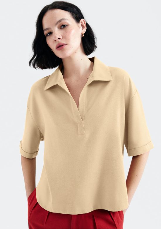 Foto do produto: Camisa Polo Feminina Com Linho - Bege