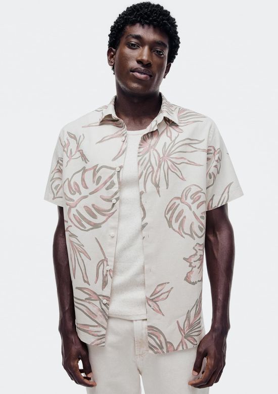 Foto do produto: Camisa Masculina Manga Curta Estampada Com Linho - Bege