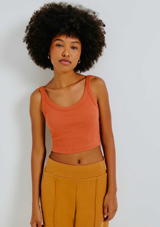 Foto do produto: Regata Básica Feminina Cropped Em Ribana Canelada - Laranja