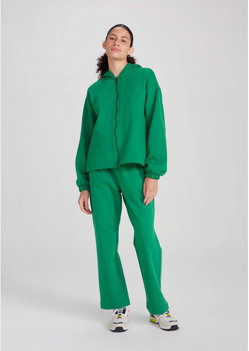 Jaqueta Básica Em Moletom Peluciado Feminina Com Capuz - Verde