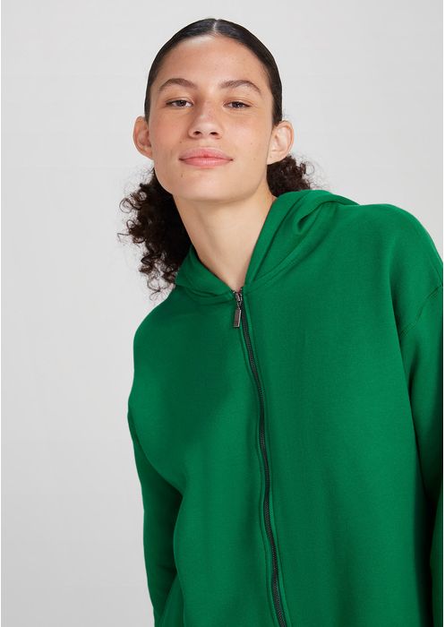 Jaqueta Em Moletom Peluciado Feminina Com Capuz - Verde Bandeira
