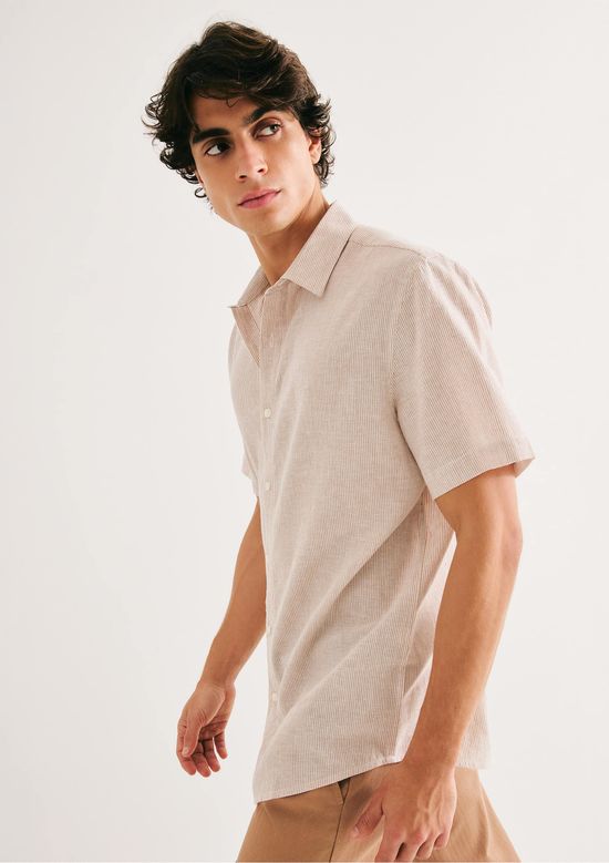 Foto do produto: Camisa Masculina Manga Curta Fio Tinto Listrada Em Linho - Creme