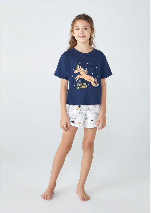 Pijama Infantil Menina Curto Em Malha De Algodão - Azul Escuro