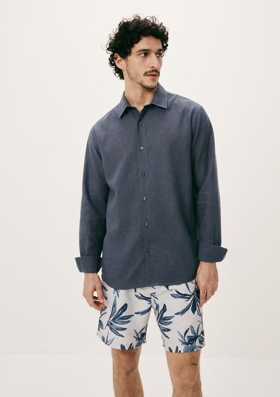 Foto do produto: Camisa Masculina Manga Longa Listrada Em Linho - Azul