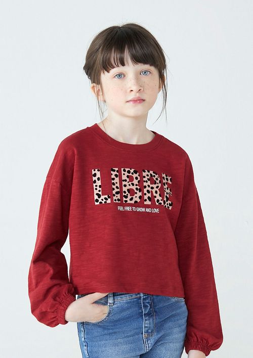 Blusa Infantil Menina Longa Com Estampa Flocada - Vermelho