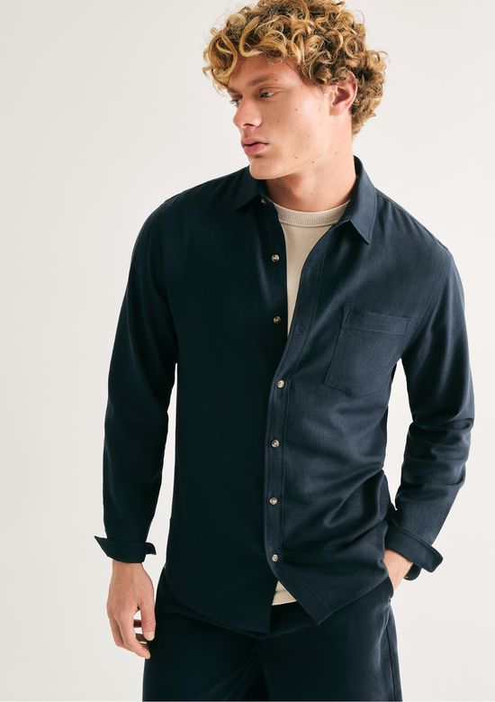 Foto do produto: Camisa Básica Masculina Manga Longa Slim Em Linho - Azul