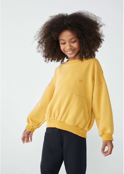 Blusão Básico Infantil Menina Em Moletom Peluciado Oversized - Amarelo