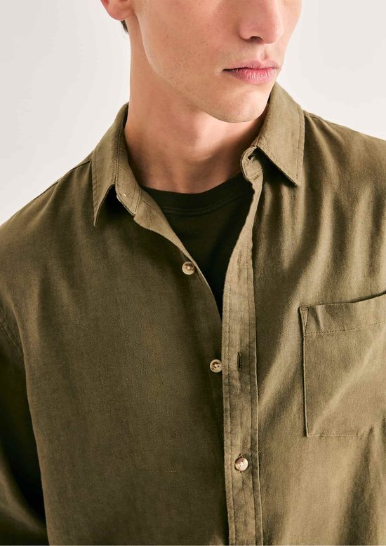 Foto do produto: Camisa Básica Masculina Manga Longa Slim Em Linho - Verde