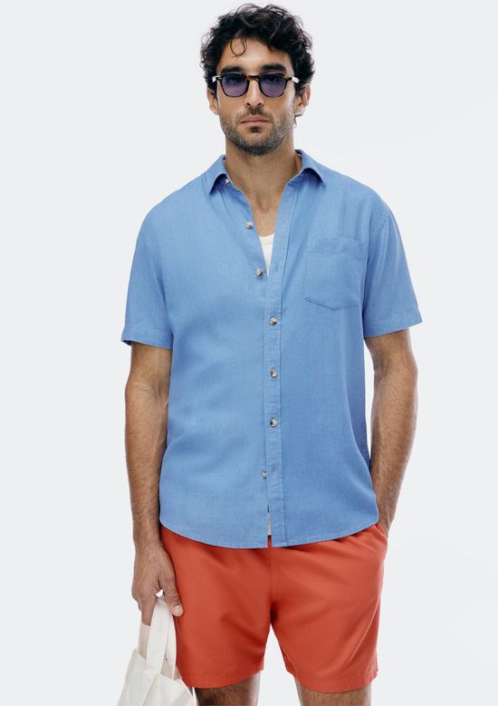 Foto do produto: Camisa Básica Masculina Manga Curta Slim Em Linho - Azul