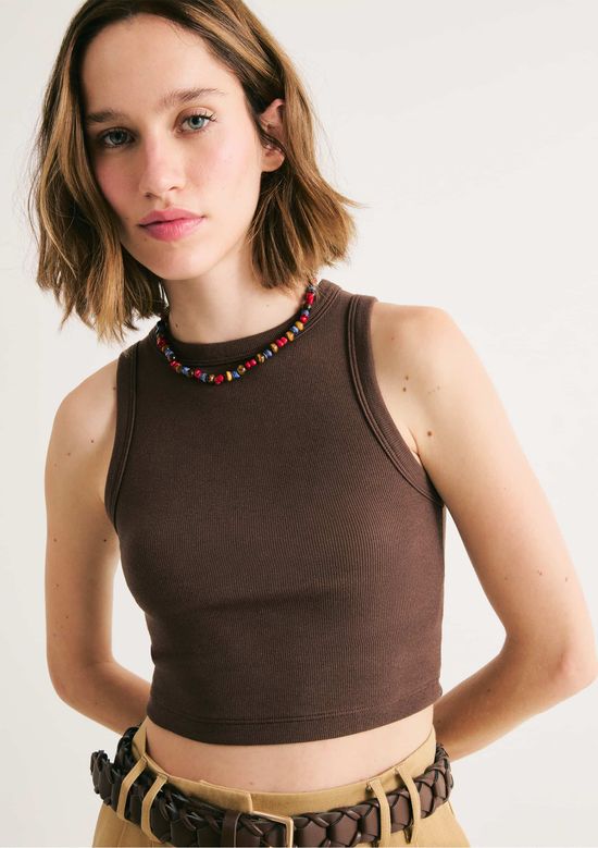 Foto do produto: Regata Feminina Cropped Decote Halter Neck Em Ribana Canelada - Marrom