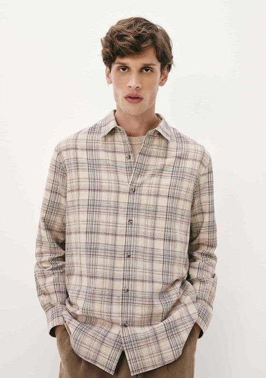 Foto do produto: Camisa Masculina Manga Longa Xadrez Em Linho - Natural