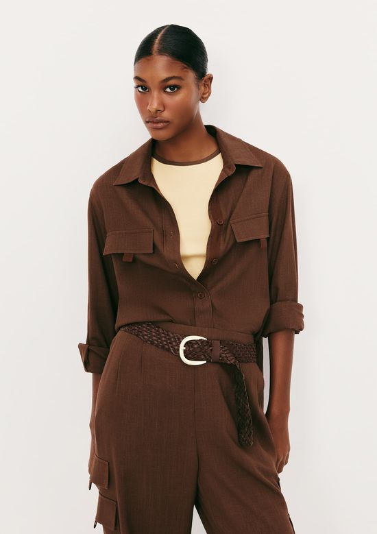 Foto do produto: Camisa Feminina Manga Longa Com Linho - Marrom