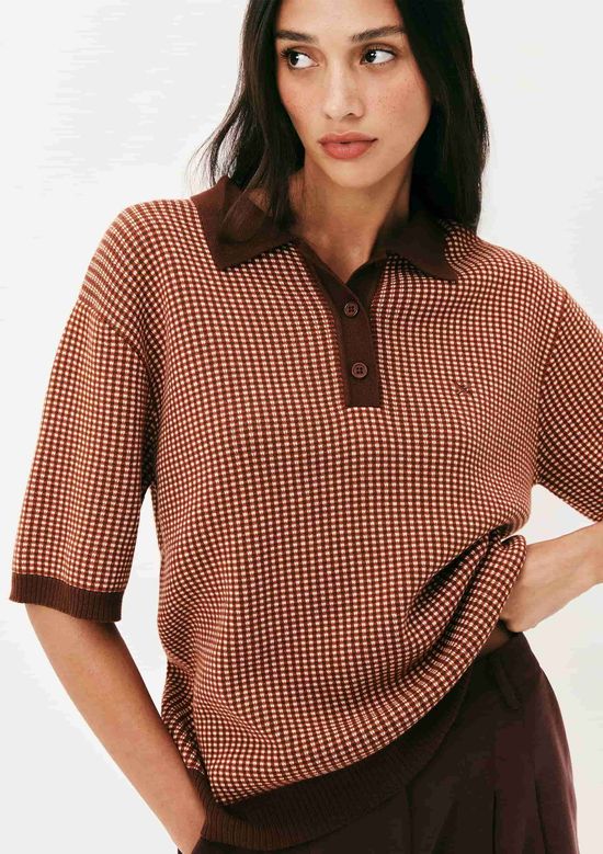 Foto do produto: Blusa Polo Feminina Em Tricô Quadriculado - Marrom