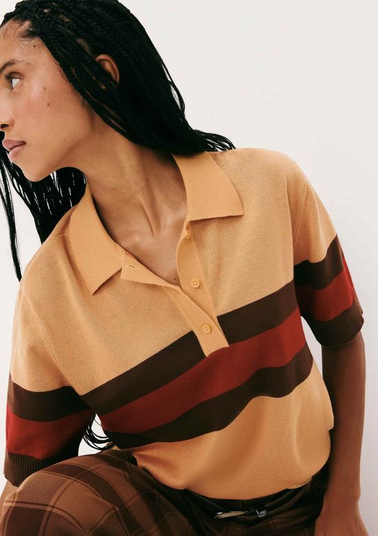 Foto do produto: Blusa Polo Feminina Listrada Em Tricô - Bege