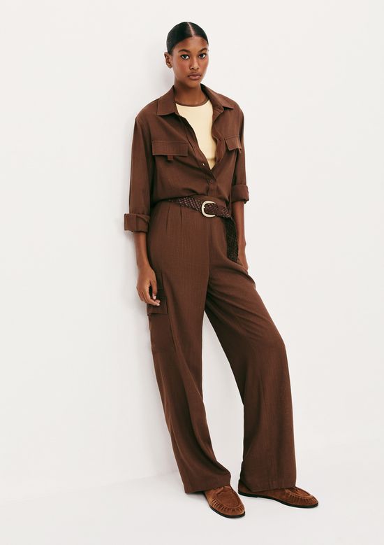 Foto do produto: Calça Feminina Reta Bolso Cargo Com Linho - Marrom