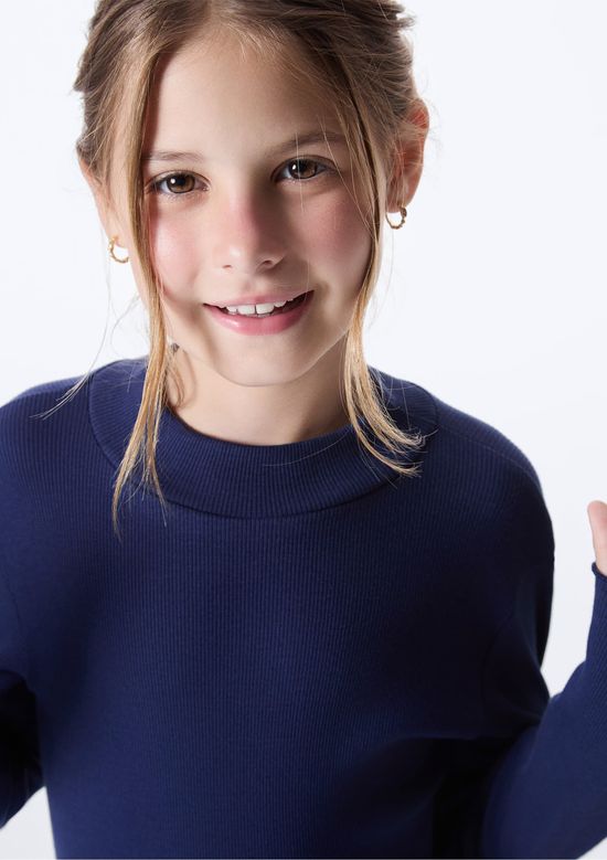 Foto do produto: Blusa Básica Infantil Menina Gola Alta Em Ribana Com Fru-Fru - Azul