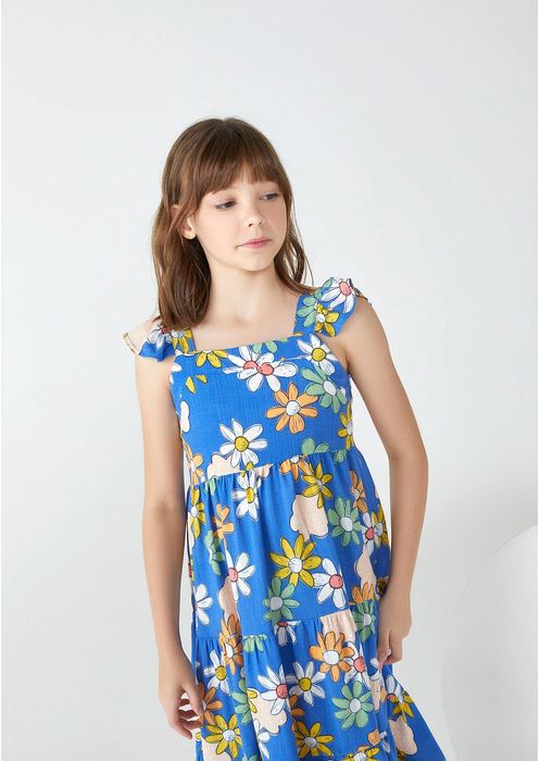 Vestido Infantil Midi Com Babados E Estampado Floral - Azul