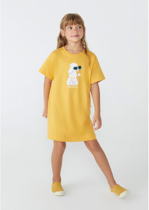 Vestido Infantil T-shirt Com Paetês - Amarelo