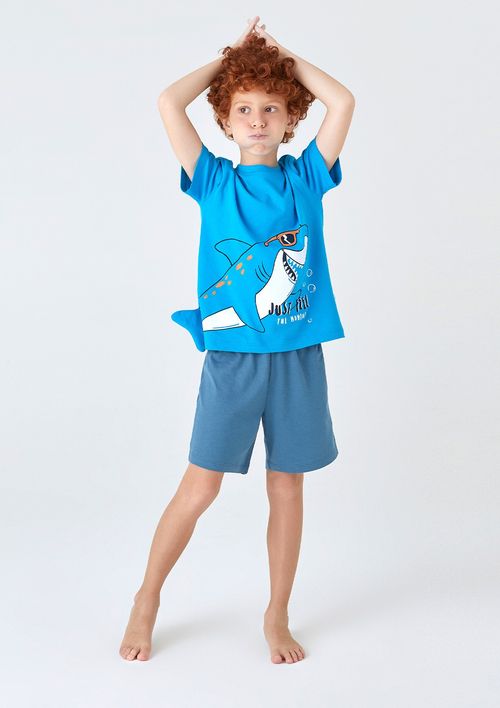 Pijama Infantil Menino Curto Com Estampa Tubarão - Azul