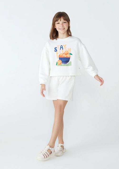 Conjunto Infantil Menina Blusão Estampado E Shorts Em Moletom - Off White