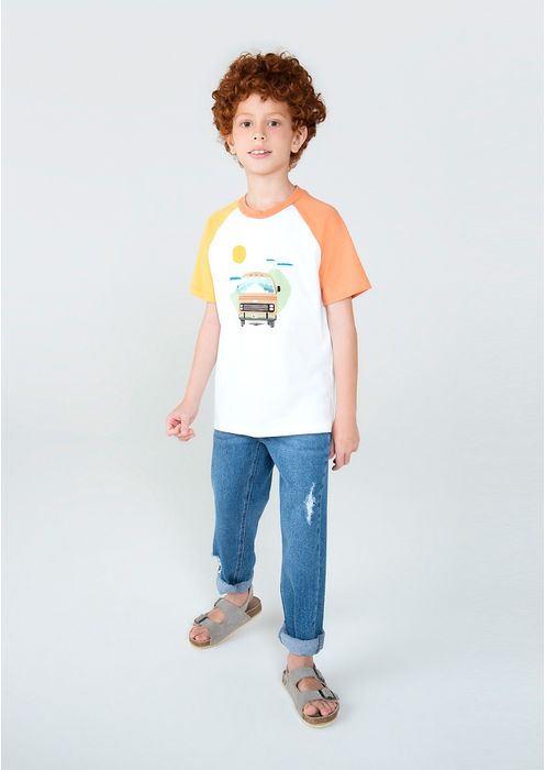 Camiseta Infantil Menino Manga Curta Com Estampa E Aplique - Off White